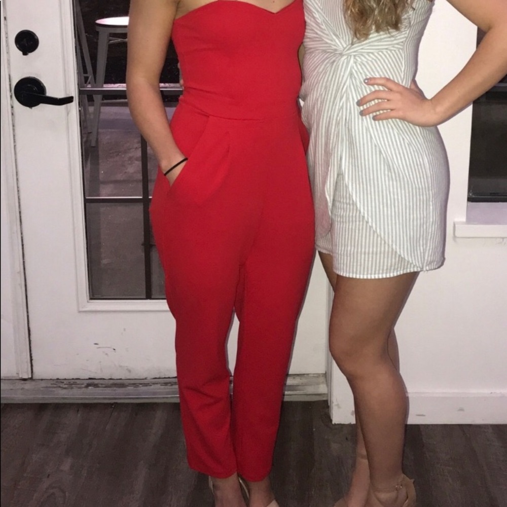 Red Strapless Jumpsuit